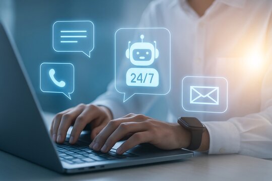 Person using laptop with glowing icons for chatbot phone message and email support