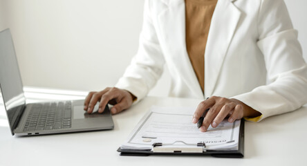 Business woman employer holding resume hiring recruit looking cv resume to hire candidates,...