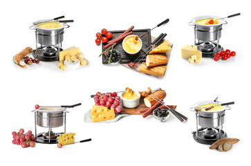 Group of tasty cheese fondue on white background