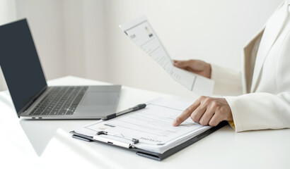 Business woman employer holding resume hiring recruit looking cv resume to hire candidates,...