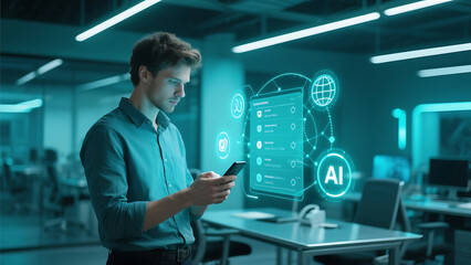 Man using smartphone with ai interface in modern office setting with digital network overlaying screen