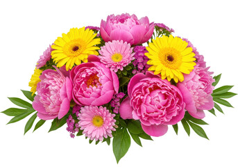 Beautiful pink peonies and yellow gerbera daisies arranged in a lush floral bouquet isolated on transparent background