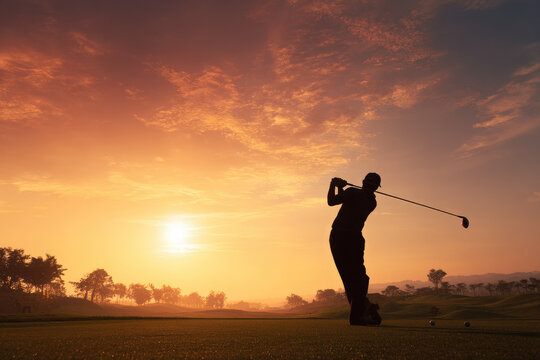Golfer hit sweeping driver after hitting golf ball down the fairway with sunrise background