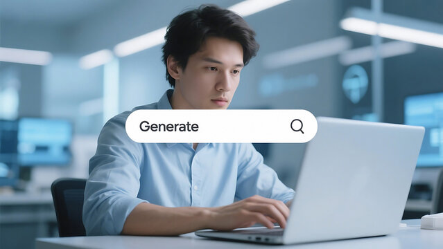 Man typing on a laptop with a search bar overlayed that says generate in a modern office setting