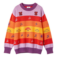 Cozy rainbow striped knit sweater with cute bear and music note motifs isolated on transparent background