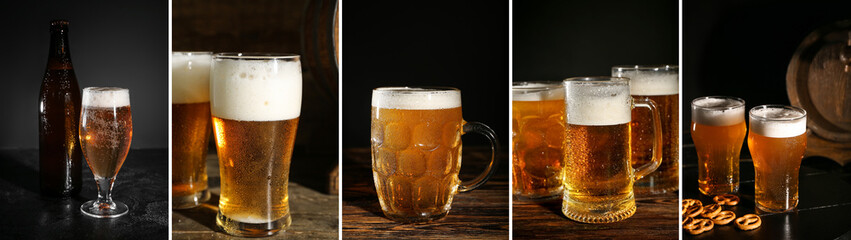 Collage of fresh beer on dark background