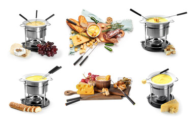 Set of tasty cheese fondue on white background