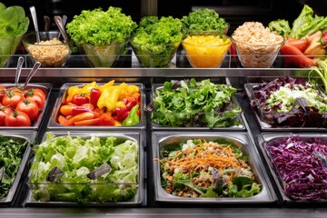 Colorful array of fresh vegetables and toppings in a salad bar at a restaurant
