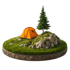 Vibrant orange camping tent pitched on a grassy hill beside a pine tree isolated on transparent background