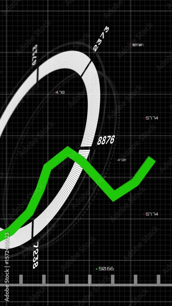 Poster Animation of statistical data processing and round scanner over grid network on black background