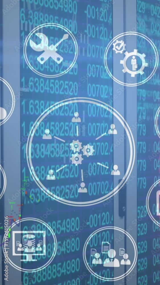 Poster animation of icons and data processing over computer servers