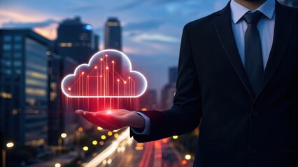 Businessman holding glowing digital cloud network over blurred city skyline at night