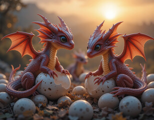 Baby dragons hatching from eggs, red-colored scales glowing softly, legacy scene, peaceful sunrise background