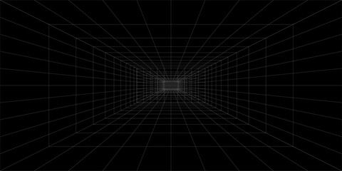 Naklejka premium Empty futuristic digital box room grey-black background with white grid space line color surface. Network cyber technology. banner, cover, terrain, sci-fi, wireframe, and related to background.