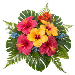 Vibrant tropical hibiscus flower arrangement with lush greenery isolated on transparent background