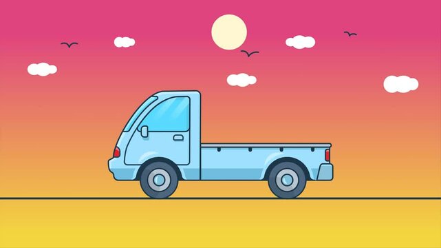 Animated video of a pickup truck driving with a sunset sky and moon in the background, as well as flying birds.