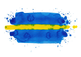 Abstract blue and yellow watercolor brush strokes with splatter effects isolated on transparent background