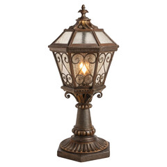 Ornate bronze outdoor post lamp with frosted glass panels and decorative scrollwork isolated on transparent background