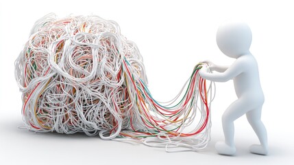 A white figure struggles with tangled cables