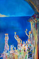 Genre painting with space for text. Classical Greece people life. Walking leisure holiday crowd.