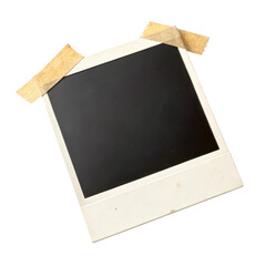 Vintage instant photo frame with washi tape attached isolated on transparent background