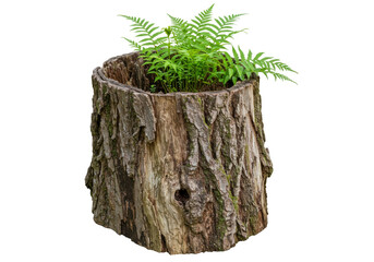 Rustic tree stump planter with lush green ferns growing inside isolated on transparent background