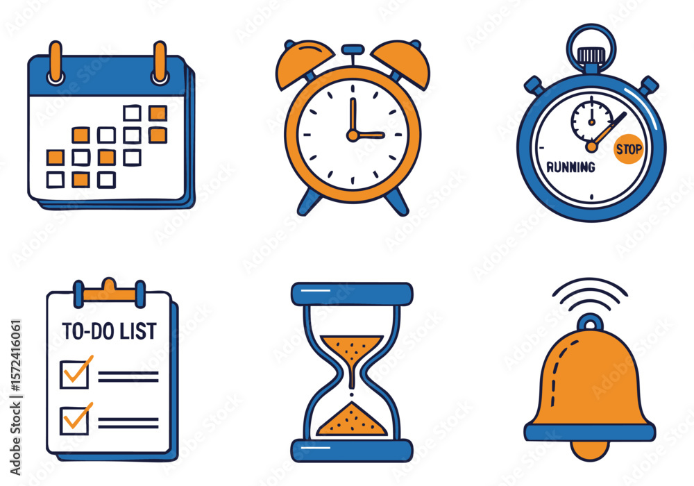 Poster collection of icons representing time management scheduling and productivity tasks