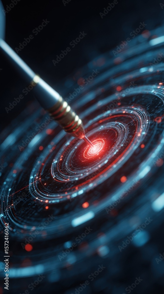Poster closeup shot of a dart striking the center of a glowing digital target embodying the concept of focu