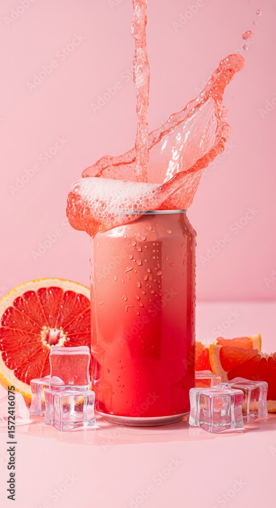 Poster pink grapefruit juice splashing into a red can, surrounded by ice cubes and grapefruit slices on a p