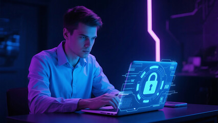 Man working on laptop with digital lock overlay in blue and purple neon lighting setup at a desk