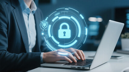 Person typing on laptop with digital lock and shield overlay for secure data protection concept