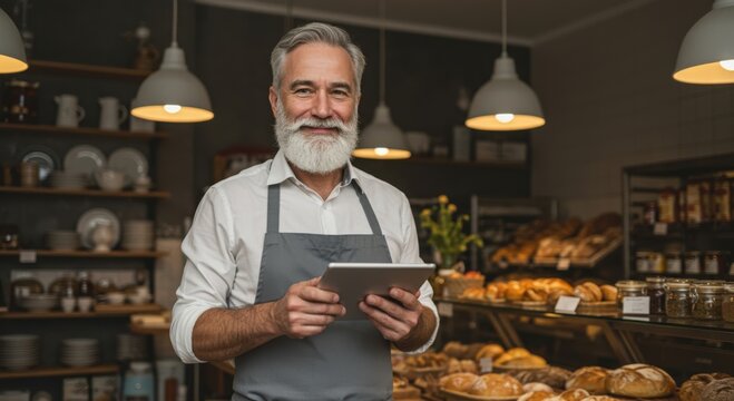 Smiling senior baker with a white beard holds a tablet in his bakery surrounded by fresh bread and pastries