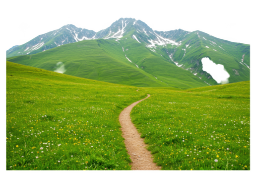 Scenic hiking path winding through a vibrant green meadow with snow capped mountains in the background isolated on transparent background