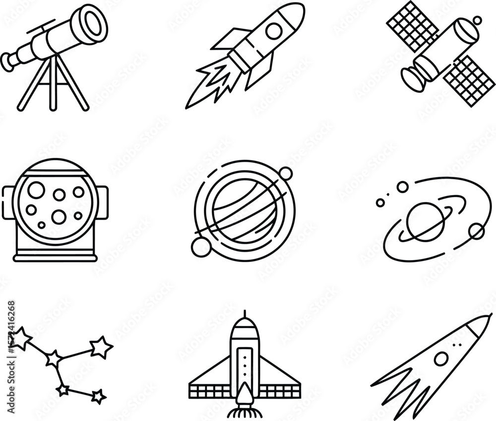 Aufkleber collection of simple line art icons representing space exploration and astronomy