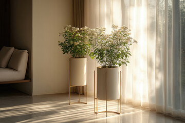 Elegant Golden Planter Display in Minimalist Interior Space