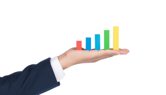 Hand holding bar chart, visualizing growth, progress, and success in business performance financial achievement isolated on solid white background
