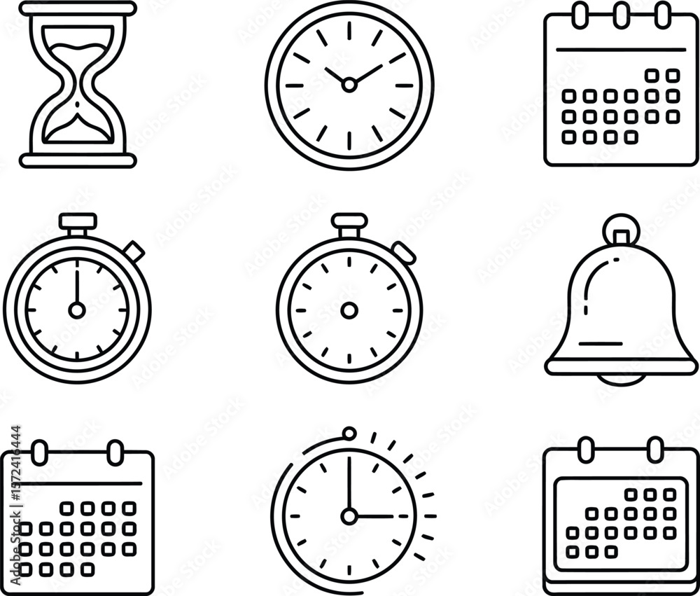 Poster collection of simple line art icons representing time management and scheduling