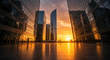 Modern glass skyscrapers reflecting a vibrant sunset with golden light illuminating the plaza below