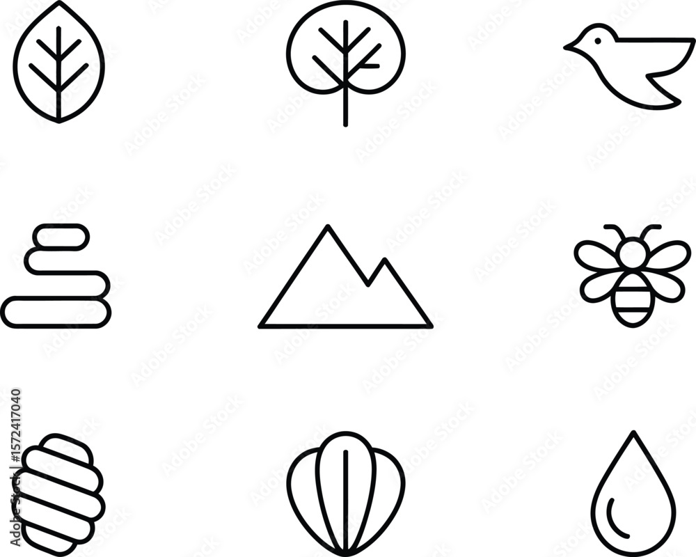 Poster collection of simple line icons representing nature and wellness elements