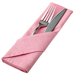 fork and knife on beautifully wrapped in pink napkin