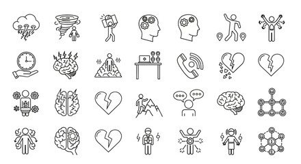 Mental Health and Emotional Stress Line Icon Set