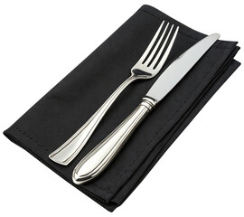 fork and knife on black napkin on white background