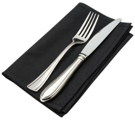 fork and knife on black napkin on white background