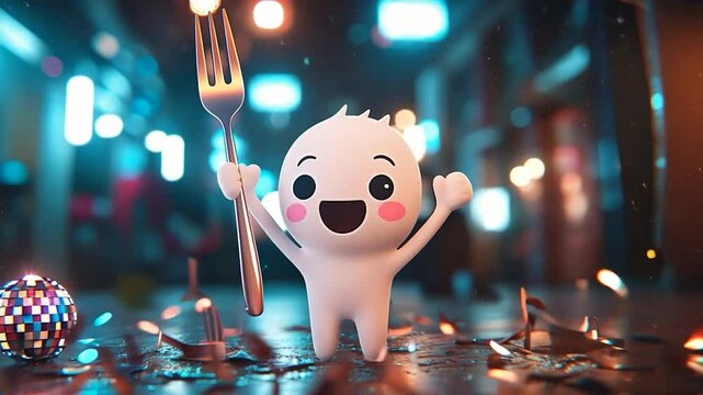 Stylized dumpling character animation with fork amidst celebration debris