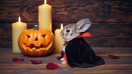 rabbit in vampire costume with jack o lantern and rose petals