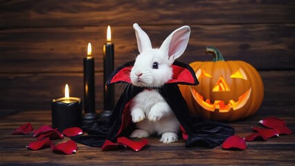 rabbit in vampire costume with jack o lantern and rose petals