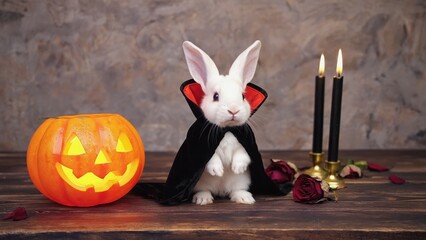 rabbit in vampire costume with jack o lantern and rose petals