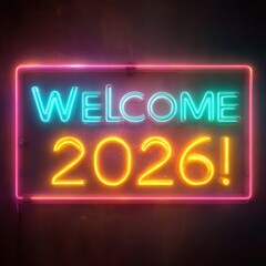 Welcome 2026 neon sign with pink and orange border against a dark background in a rectangular shape