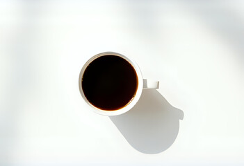 Flatlay of a cup of black coffee on clean white surface with soft shadow. Minimalist style, neutral color palette, natural light – ideal for lifestyle, productivity, and morning visuals.