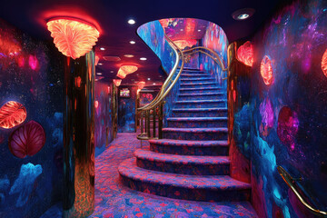 Elegant Two-Floor Casino on Ocean Liner with Vibrant Lighting Effects
